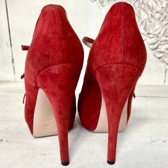 Gucci Lisbeth Suede Strappy Peep Toe Stilettos Heel Pumps Rose Bed Women's 38.5 - Picture 8 of 11